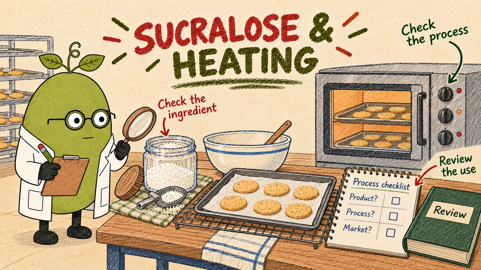 Monk Fruit Doctor reviewing sucralose ingredient and a bakery process checklist in an English hand-drawn illustration