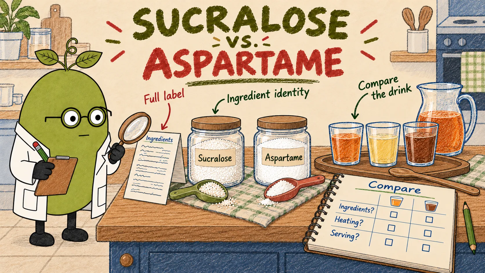 Monk Fruit Doctor reviewing sucralose and aspartame ingredient identities and a beverage comparison checklist in an English hand-drawn illustration
