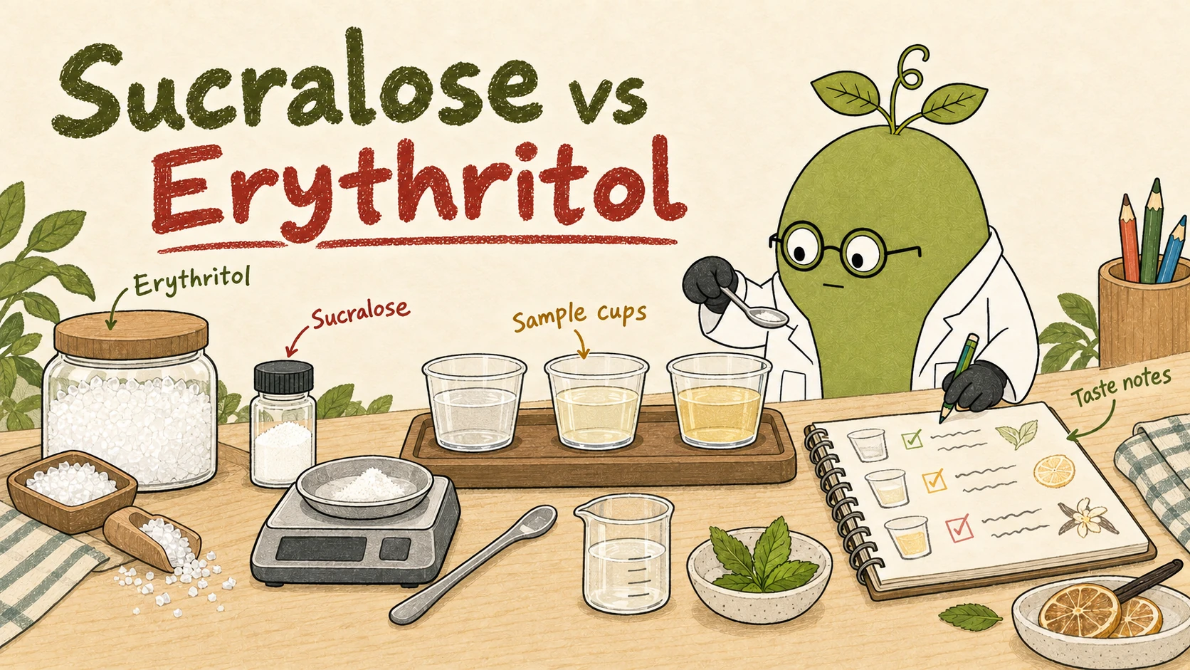 Monk Fruit Doctor comparing ingredient samples and recording tasting notes; conceptual illustration, not a test result.