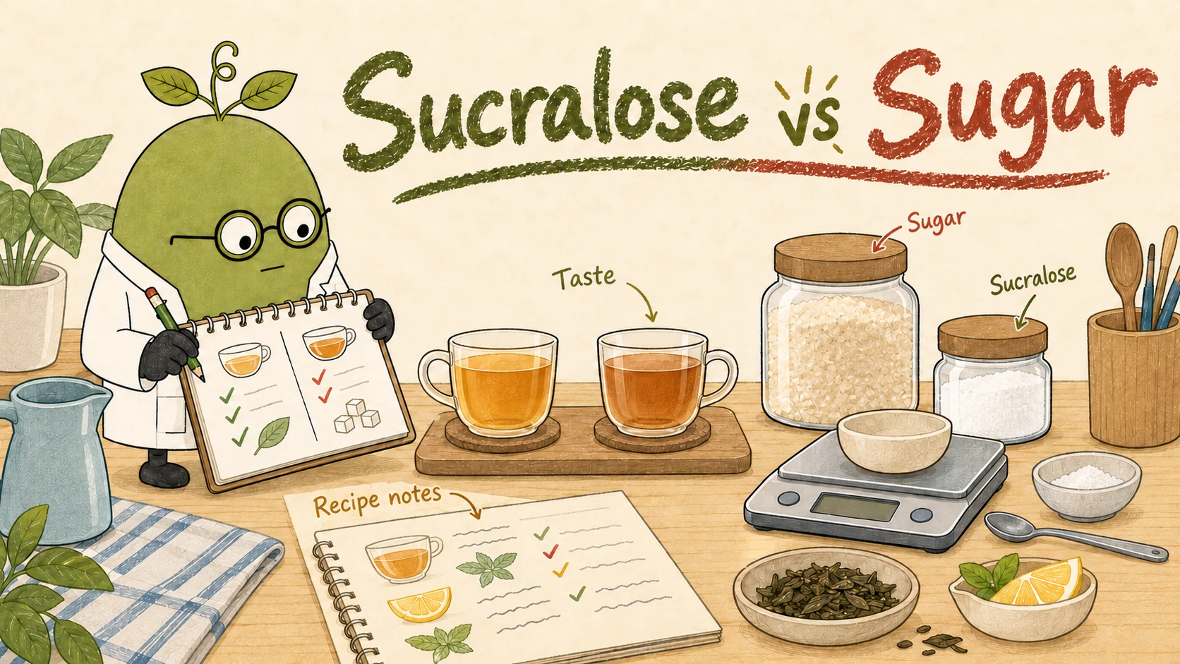 Monk Fruit Doctor comparing ingredient samples and recording tasting notes; conceptual illustration, not a test result.