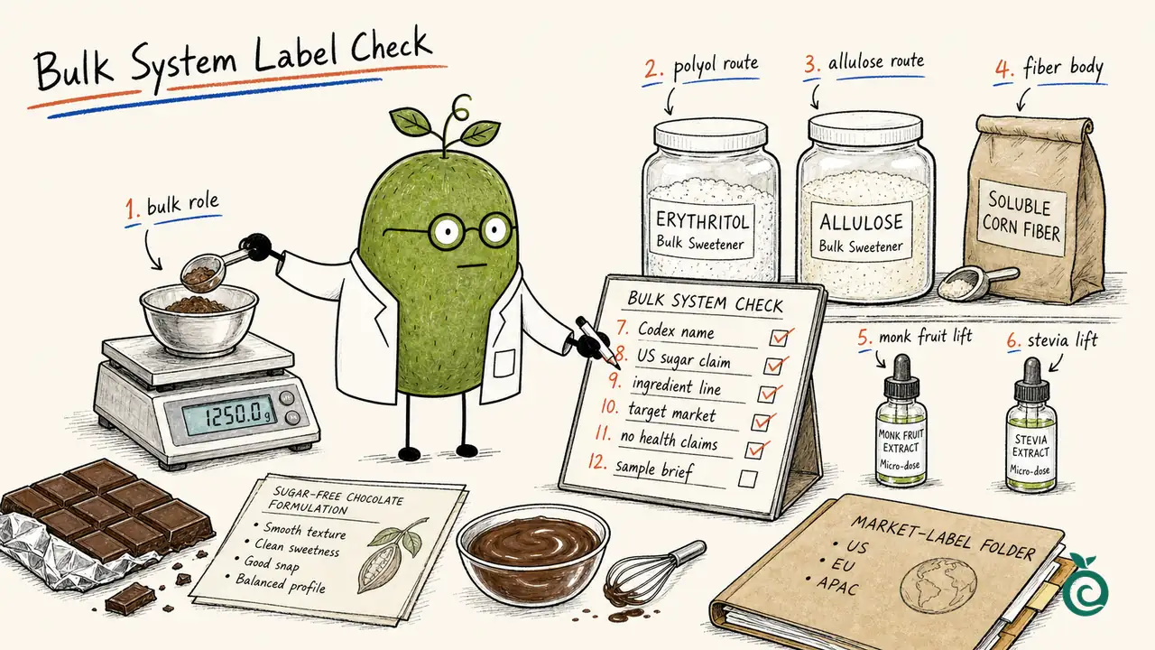 Ilustração do Doutor Fruta do Monge verde, Xiaohei sobre sistemas de adoçantes de volume de chocolate sem açúcar e verificações de rótulos.