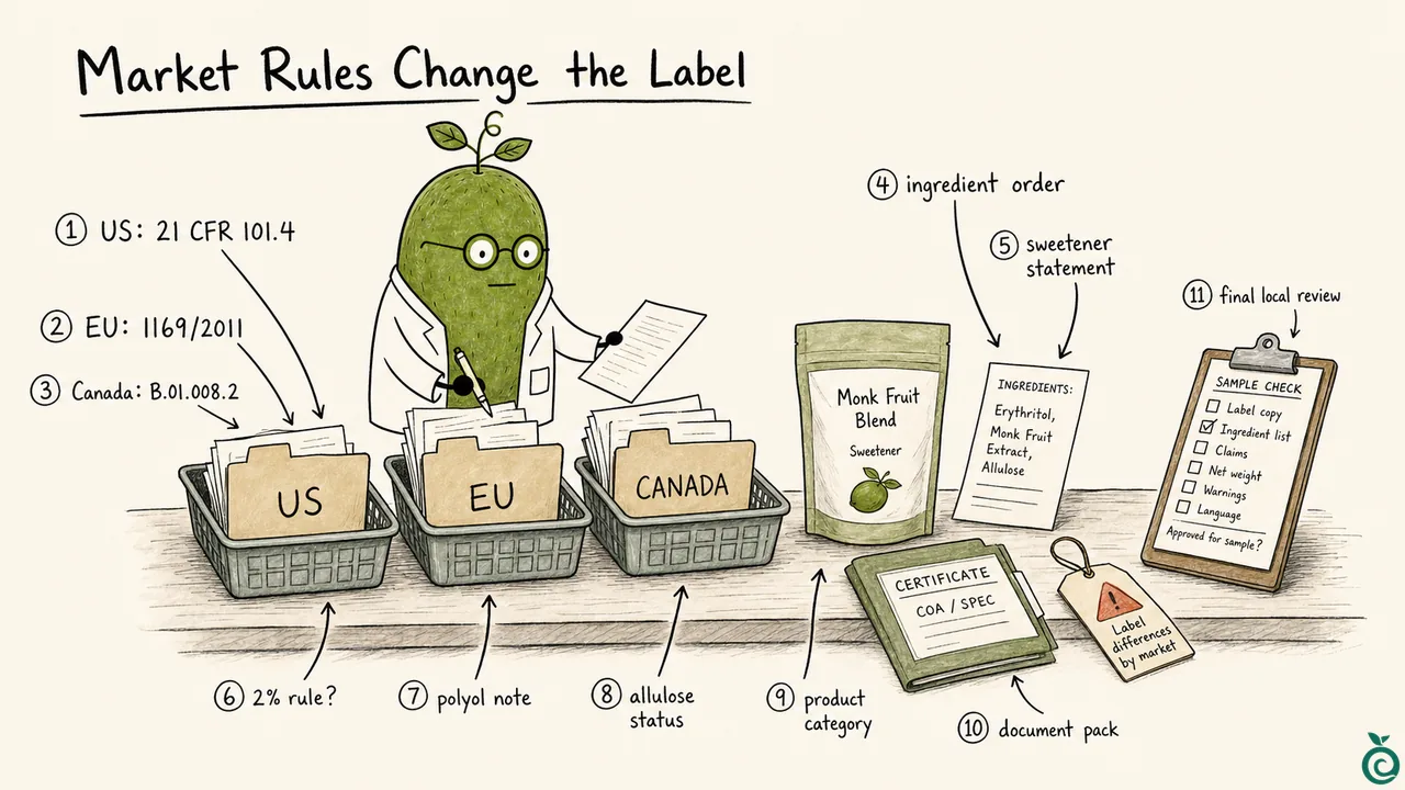 O Doutor Fruta do Monge verde, Xiaohei, classificando os pontos de verificação de revisão de rótulos de adoçantes nos EUA, UE e Canadá.