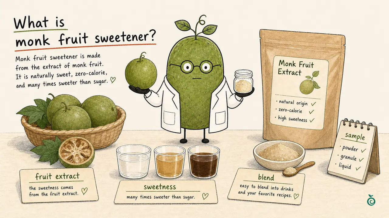 Green Monk Fruit Doctor Xiaohei explaining what monk fruit sweetener is and what buyers should compare before sampling.