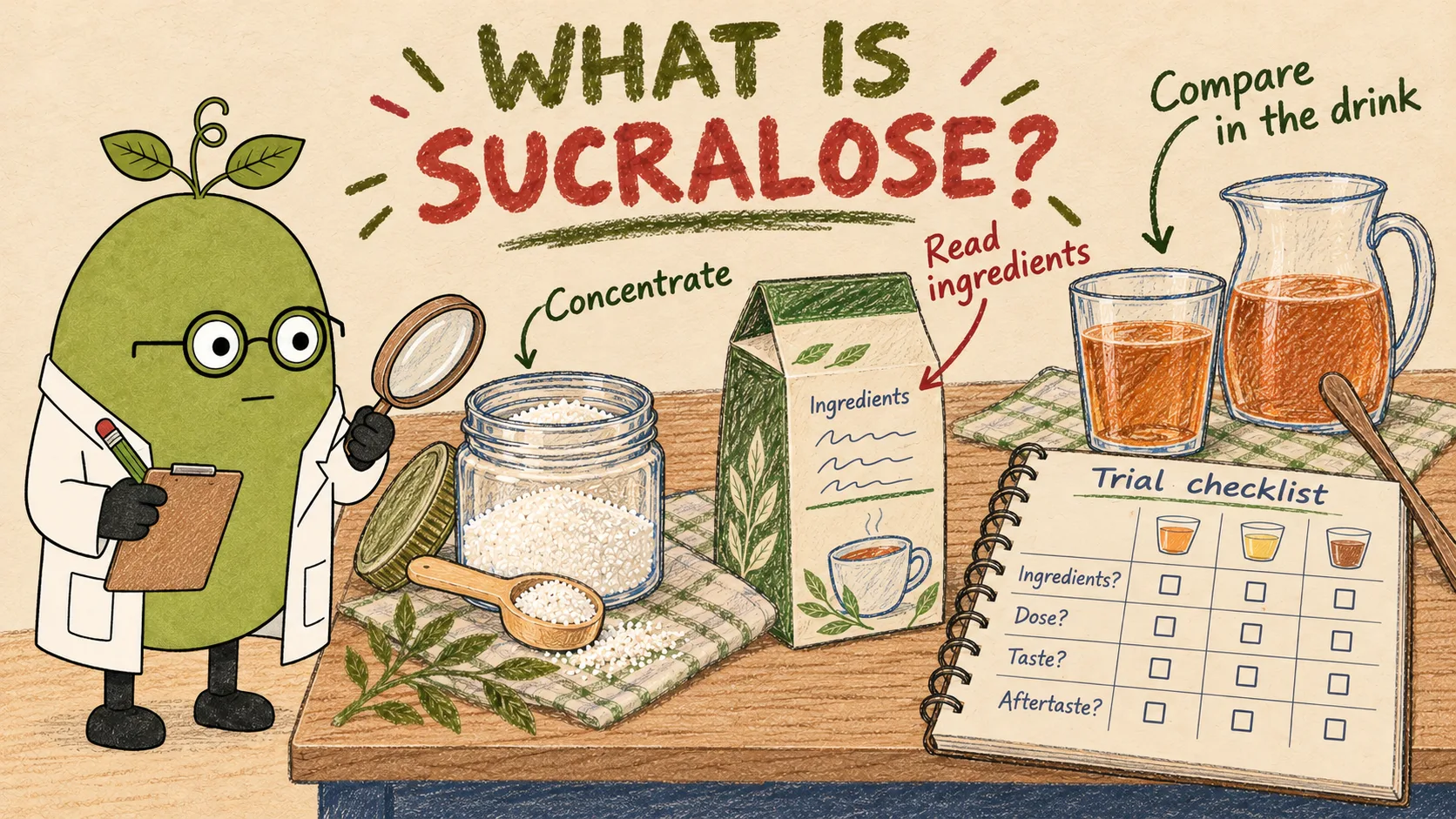 Monk Fruit Doctor reviewing sucralose concentrate, prepared blend and drink checklist in an English hand-drawn illustration